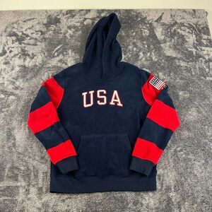 Polo Ralph Lauren Fleece Hoodie USA Flag Spellout Youth L Striped Navy Blue